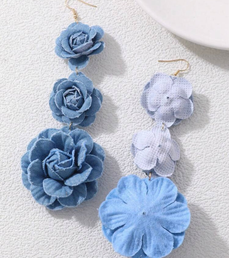 Beautiful Fashionable Triple Denim Flower Blue Jeans Big Flower Earrings for Women Jewelry Accessory