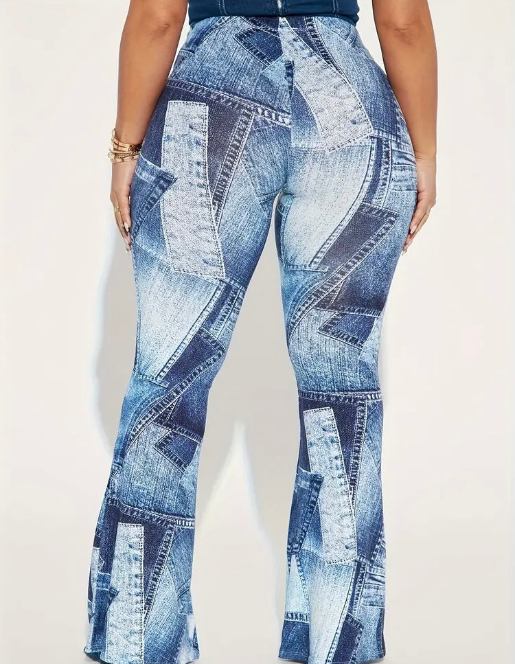 Blue Denim Look Plus Size Patchwork Print Casual High Waist Pants Women's Plus Size Clothing