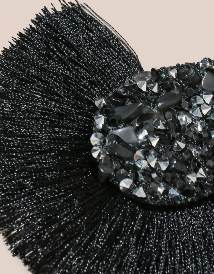 Cute Black Tassel Crystal Styled Feathered Statement Fashion Sparkly Earrings