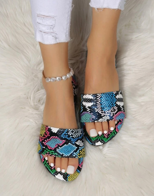 Multicolored Blue Women Snakeskin Flat Embossed Slide Trendy Cute Girl Summer Flat Sandals Shoes