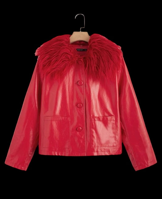 Cotton Candy Sexy Red Plus Size  Fur Fuzzy Collar PU Leather Jacket Coat Winter Wear