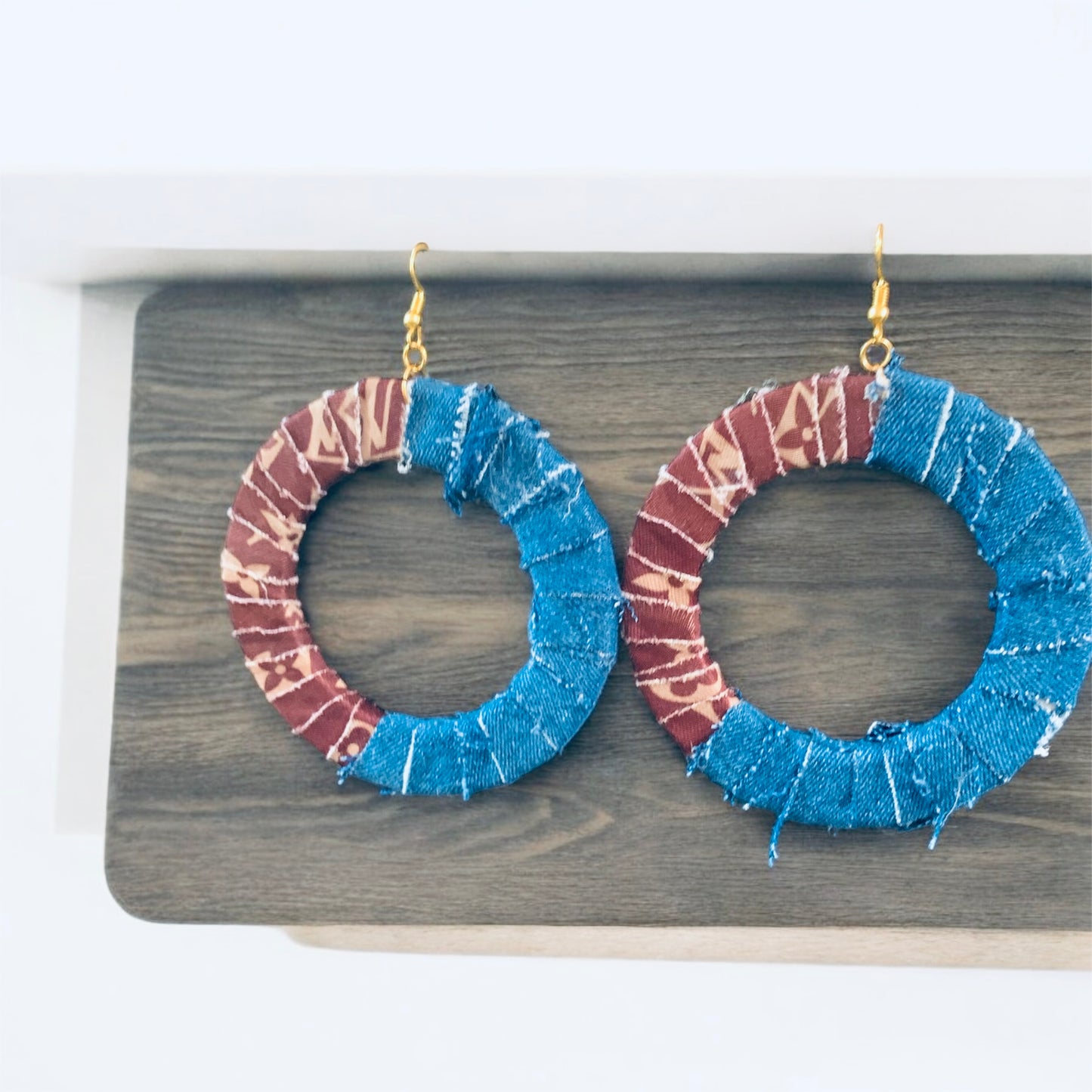 Brown Denim Fashion  Statement Wood Distressed Customized Big Hoops Designer Earrings Jewelry