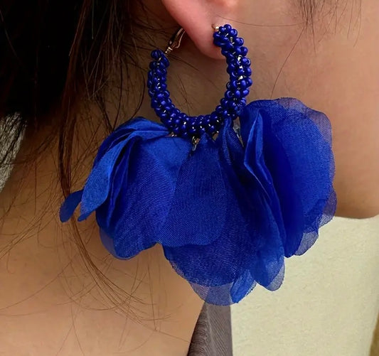 Beautiful Minimalist Blue Bohemian Style Flower Petals Beaded Chiffon Flower Statement Earrings Accessory w Hoop Closure