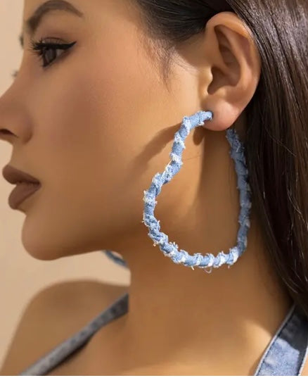 Light Denim & Fashion Print Fabric Wrapped Heart Hoop Earrings for Women Accessories