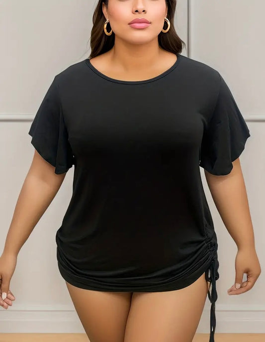 Plus Size Black Casual Basic Tee Women's Plus Plain Short Sleeve Round Neck Drawstring T-Shirt