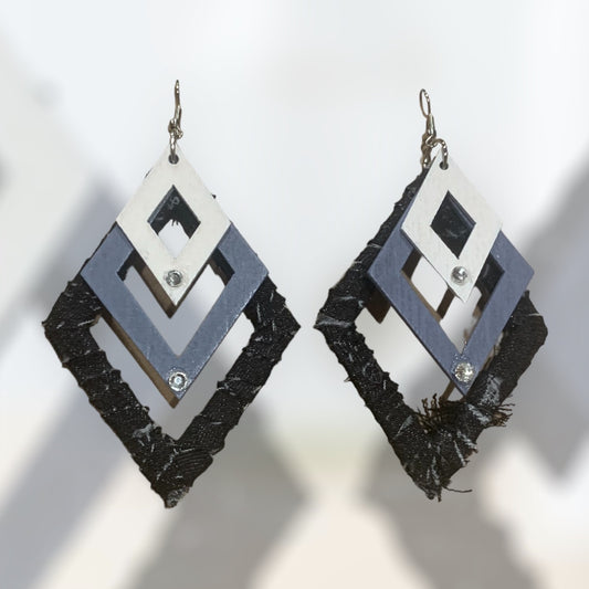 Fashion Statement Black Denim w Gray & White Accented Colors Wood Distressed Rhinestone Customized Triangles Earrings Jewelry