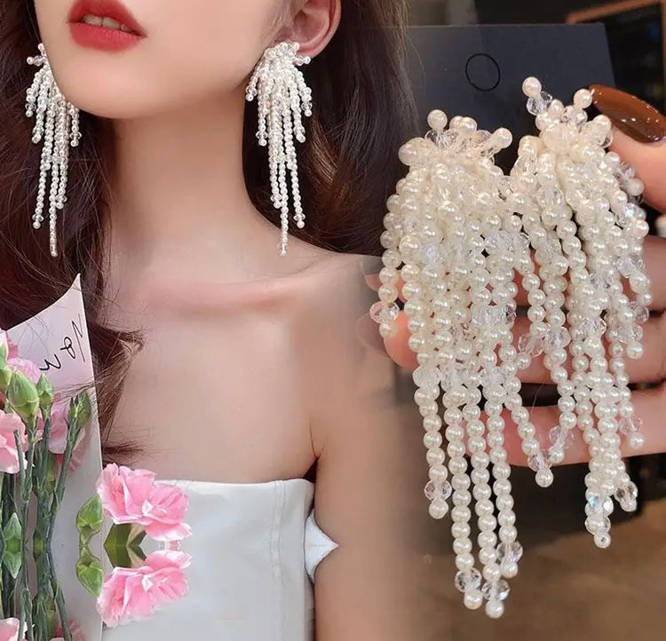 Nice Pearls and Elegant Beaded Long Dangling Tassel Earrings Exquisitely Handcrafted Made w Glamorous and Sophisticated Design Touch for Woman Accessories