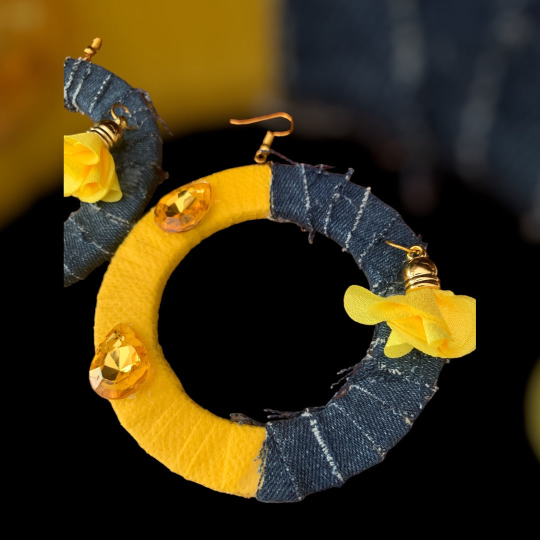 Fashion Statement Denim Yellow Wood Distressed Customized w Floral Enhanced Hoop Earrings Jewelry