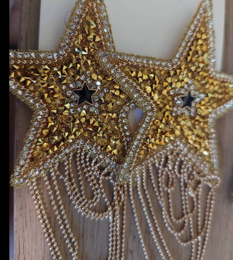 You R a Shining Gold Star! High Fashion Long Glitz Glitter Styled Dangle Earrings for Ladies Jewelry