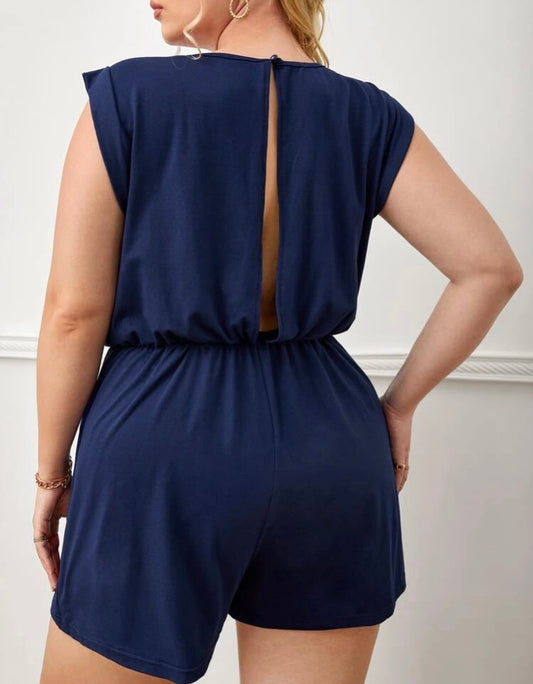 Navy Blue One Piece Plus Comfort Fit Stretchy Keyhole Back Peek Sleeve Tie Knot Front Shorts Romper Wear