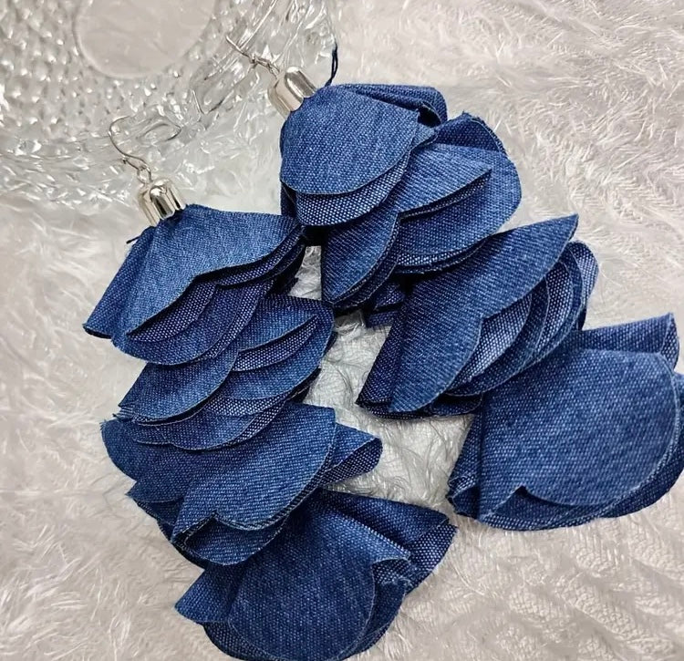 Beautiful Four Layered Denim Handmade Flower Petal Tassel Dangle Earrings for Women Fashion  Jewelry