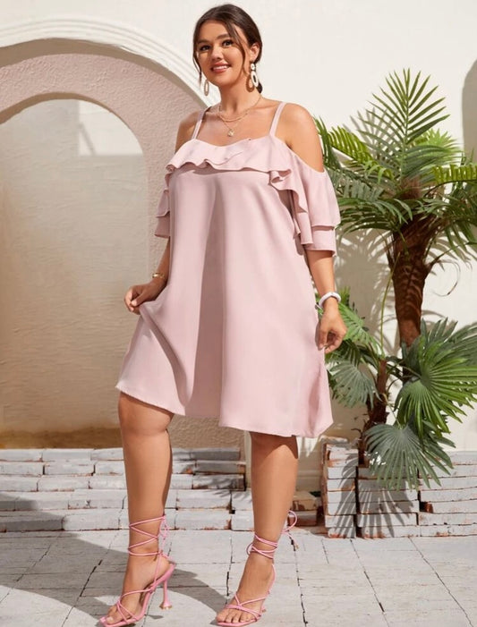 Baby Pink Smooth Classy Styling Plus Off Shoulder Ruffle Trim Trendy Fashion Statement Dress