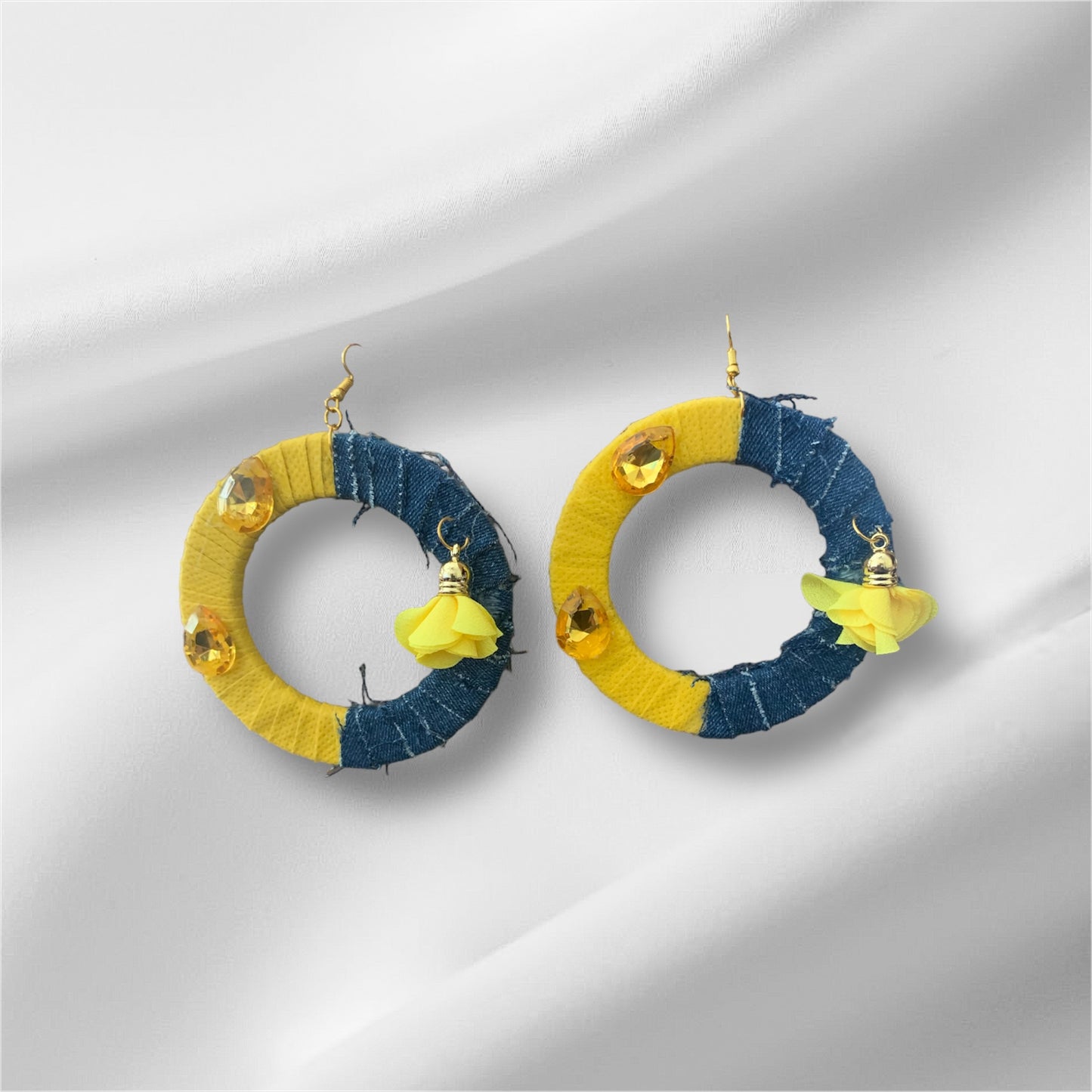 Fashion Statement Denim Yellow Wood Distressed Customized w Floral Enhanced Hoop Earrings Jewelry