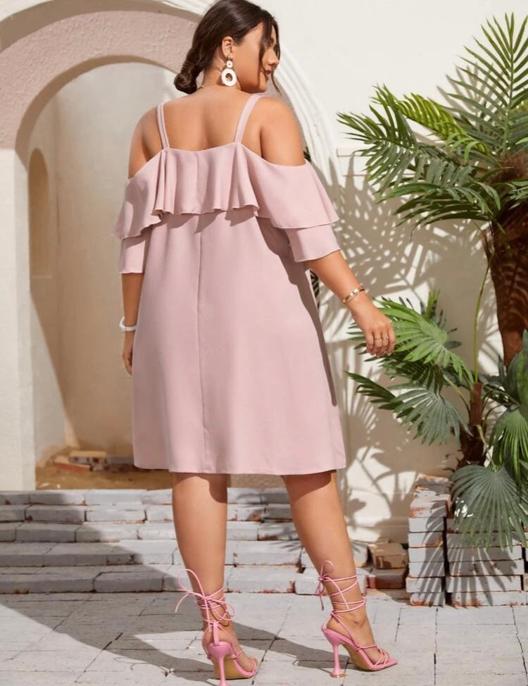 Baby Pink Smooth Classy Styling Plus Off Shoulder Ruffle Trim Trendy Fashion Statement Dress