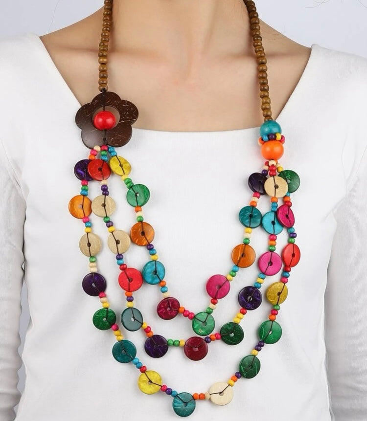 Fashion Wooden Beaded Multiple Colors Statement Necklace Women Nubian Style Jewelry