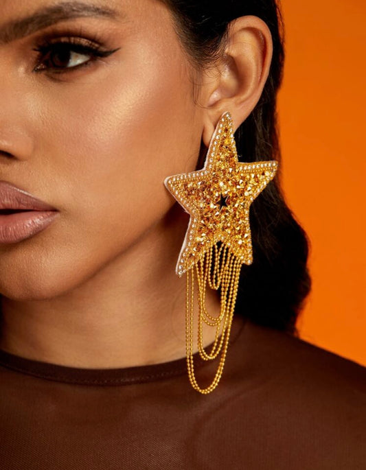 You R a Shining Gold Star! High Fashion Long Glitz Glitter Styled Dangle Earrings for Ladies Jewelry