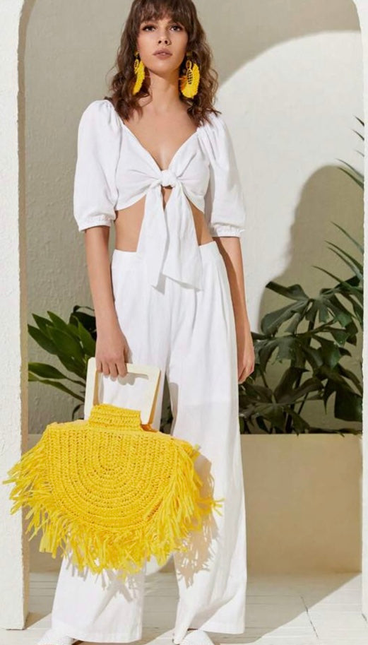 Yellow Fringe Trim Straw Tote Purse Woven Bag Perfect for Summer Vacay Beach Ocean Life Travel Accessories