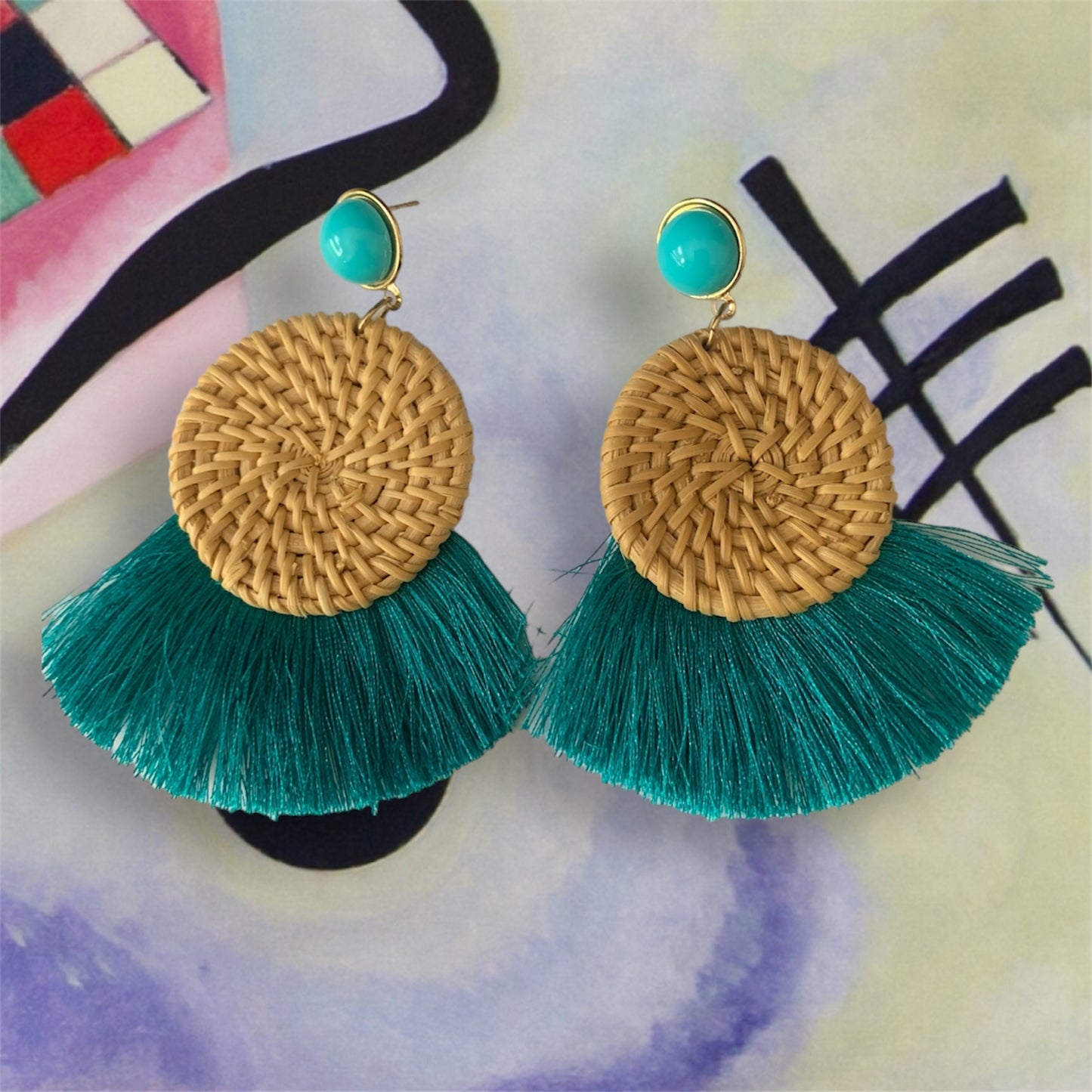 Women's Tassel Teal Green Woven Feathered Style Statement Chic Fashion Earrings Ladies