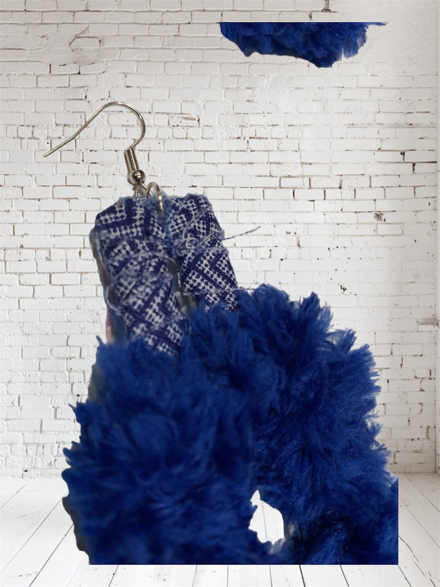 Fashion Statement Double Square Design Customized Denim Look Blue Furry Fuzzy Diva Chic Earrings Accessories