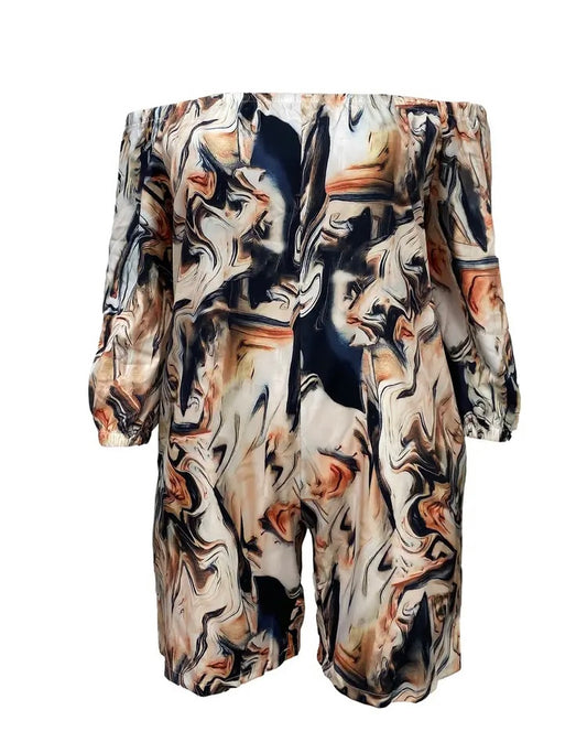 Plus Size Tan Brownish Black Abstract Print Shorts Romper Trendy Off Shoulder Design Super Comfortable Casual Style with Pockets Women’s Clothing