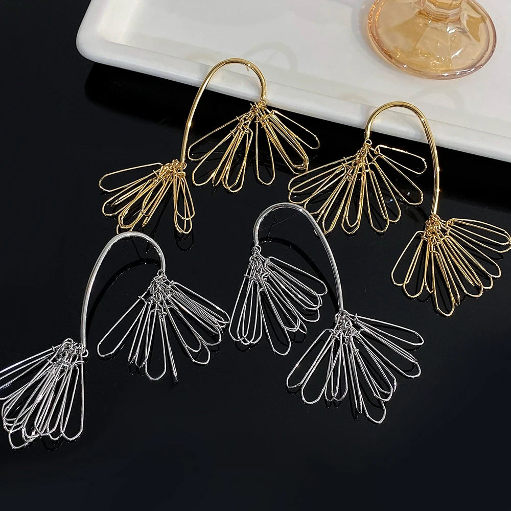 Free Style Pine Needles Tassel Earrings for Women Metal Double Fringe Earrings Jewelry