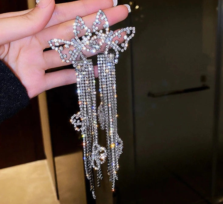 Silvery  Long Tassel Rhinestone Drop Earrings for Women Butterfly Crystal Dangle Earrings Jewelry Accessories