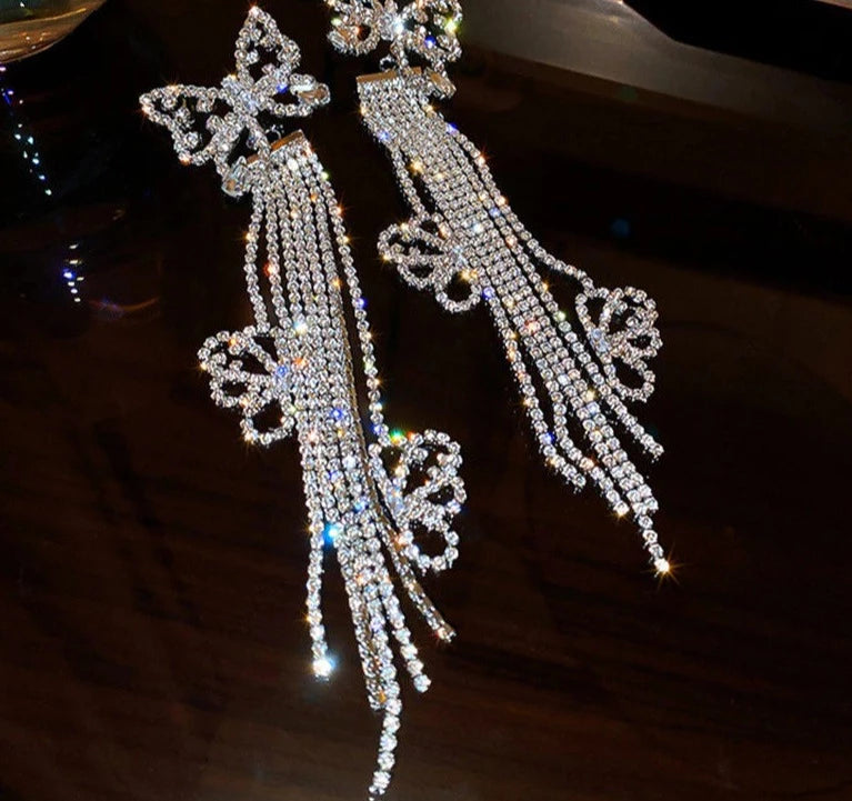 Silvery  Long Tassel Rhinestone Drop Earrings for Women Butterfly Crystal Dangle Earrings Jewelry Accessories