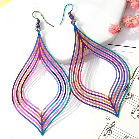 Cute Gradient Rainbow Color Hollow Rhombus Leaf Drop Earrings Women Jewelry