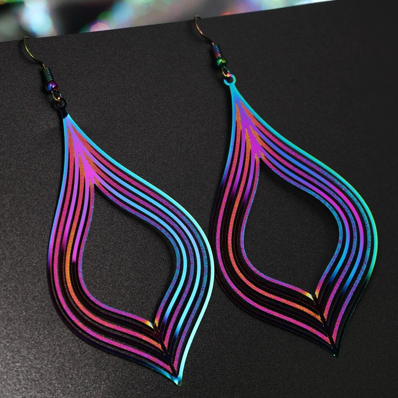 Cute Gradient Rainbow Color Hollow Rhombus Leaf Drop Earrings Women Jewelry