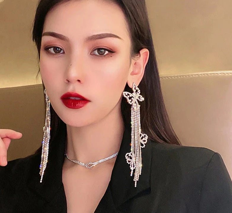 Silvery  Long Tassel Rhinestone Drop Earrings for Women Butterfly Crystal Dangle Earrings Jewelry Accessories