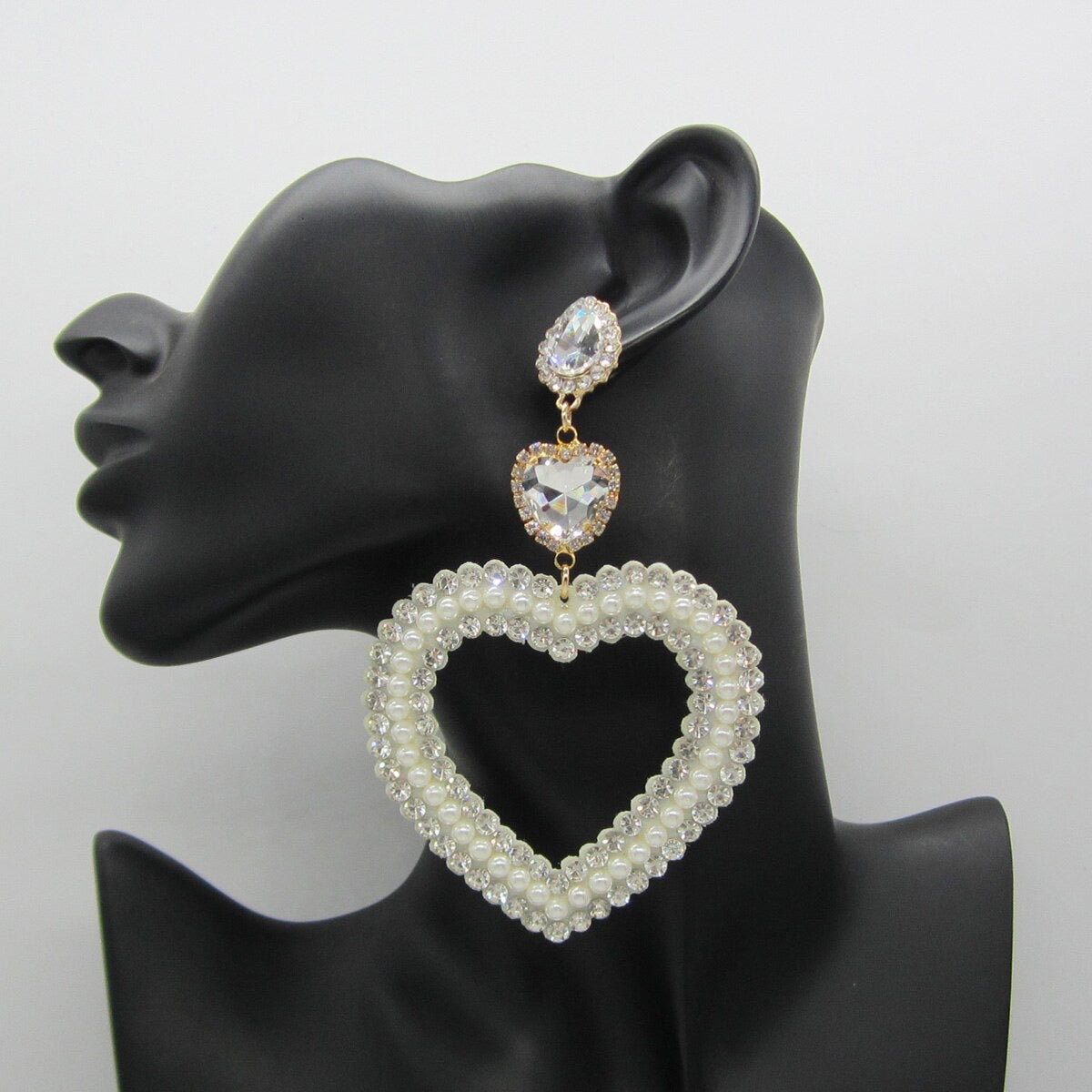 Pearls n Crystals Big Heart Dangle Earrings for Women Statement Beautiful Rhinestone Pendant Earrings Jewelry