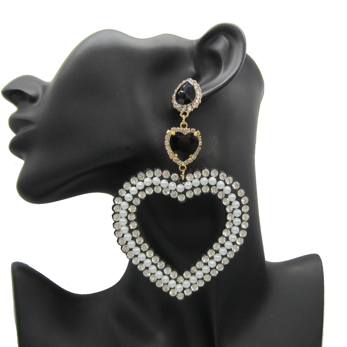 Pearls n Crystals Big Heart Dangle Earrings for Women Statement Beautiful Rhinestone Pendant Earrings Jewelry