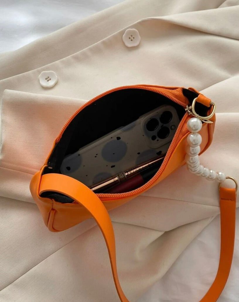 Trendy Small Orange Pearl Mini Faux Pearl Beaded Baguette Bag Tote for Girls Ladies