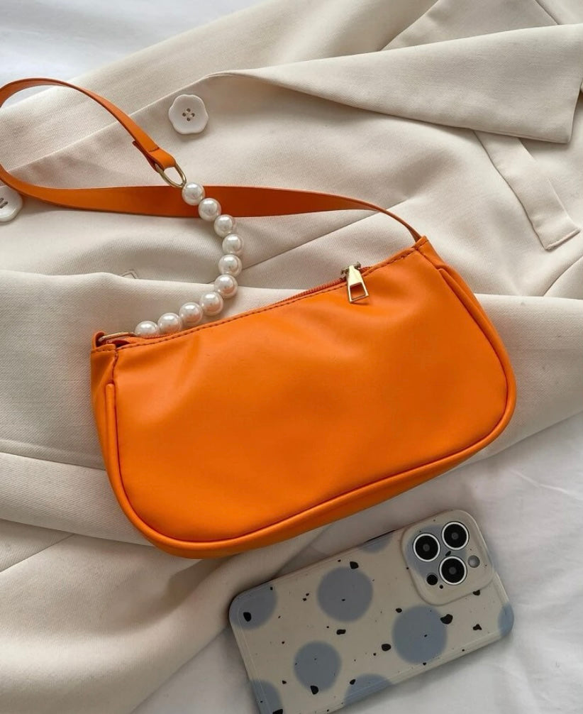 Trendy Small Orange Pearl Mini Faux Pearl Beaded Baguette Bag Tote for Girls Ladies