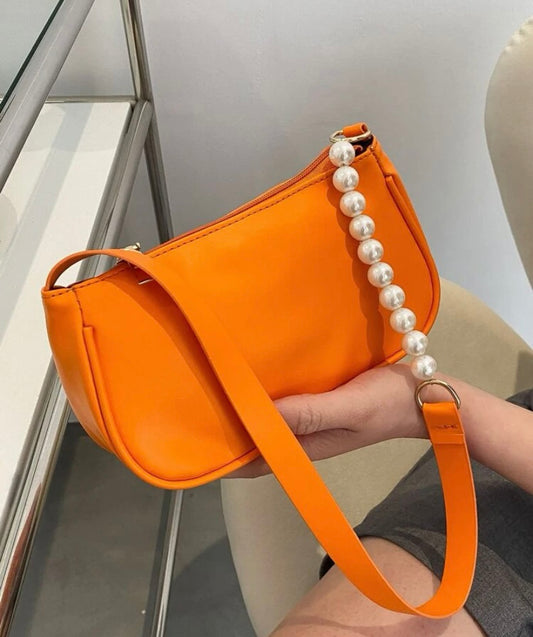 Trendy Small Orange Pearl Mini Faux Pearl Beaded Baguette Bag Tote for Girls Ladies