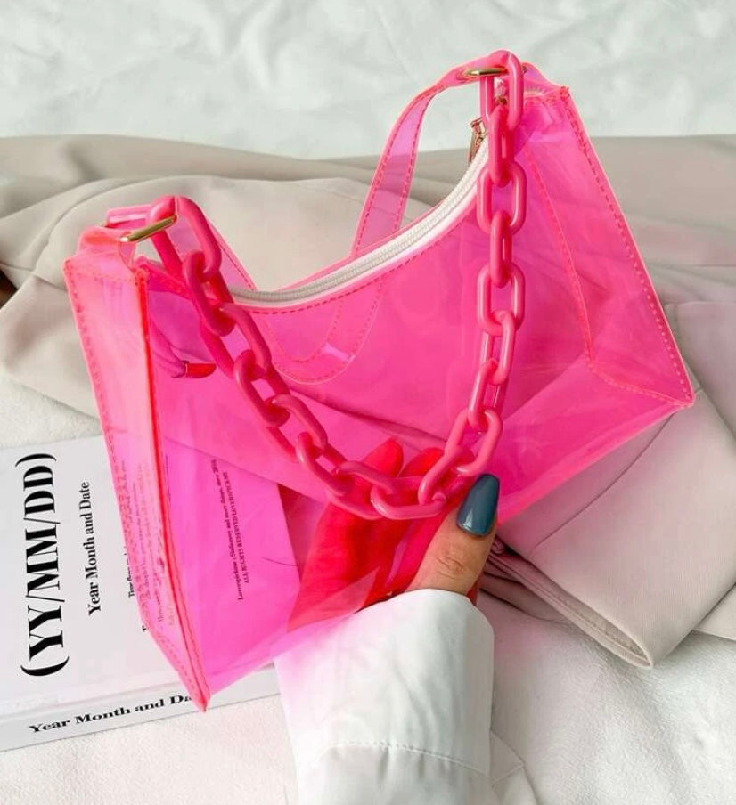 Trendy Neon Fashion In Style Clear Baguette Bag Purse Tote Glam Accessories