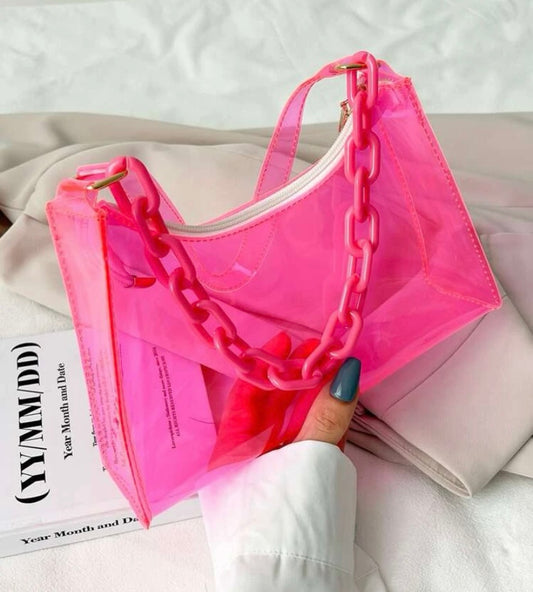 Trendy Neon Fashion In Style Clear Baguette Bag Purse Tote Glam Accessories