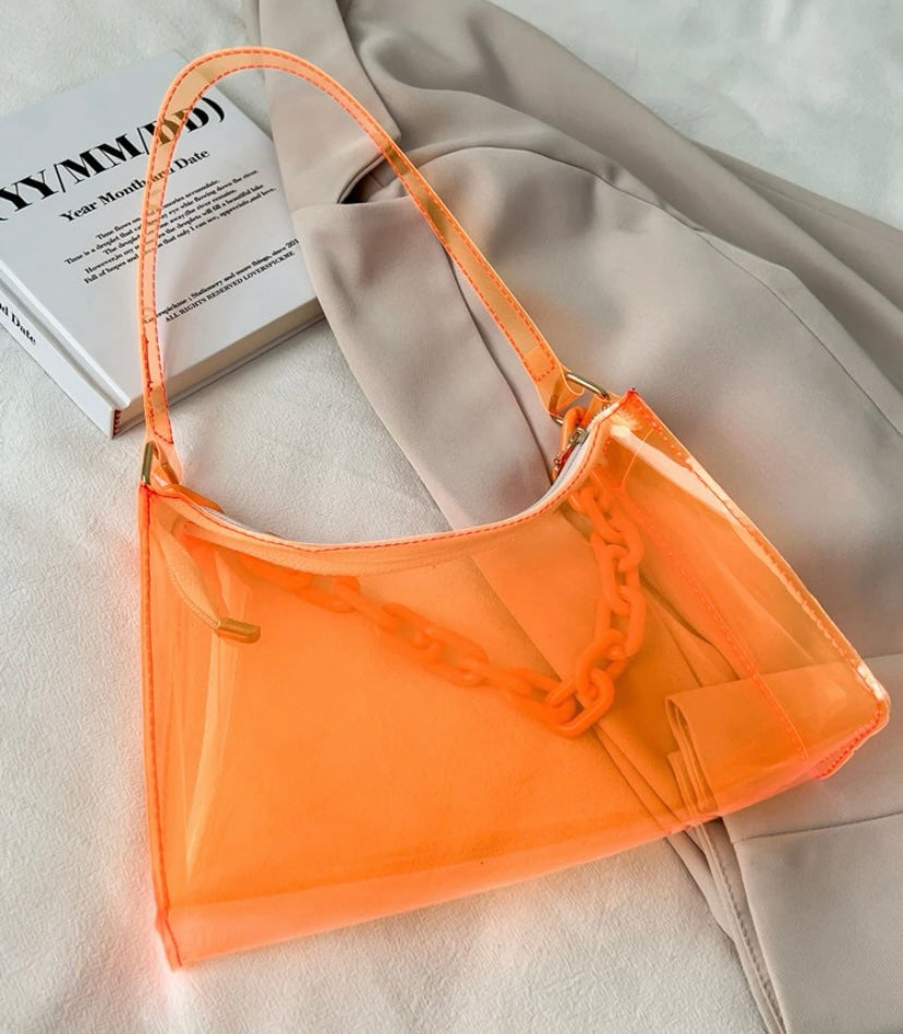 Trendy Neon Fashion In Style Clear Baguette Bag Purse Tote Glam Accessories