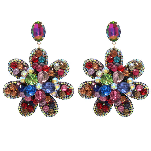 Bling Bohemian Big Flower Earrings for Women Drop Dangle Statement Rhinestones Earring Fashion Jewelry