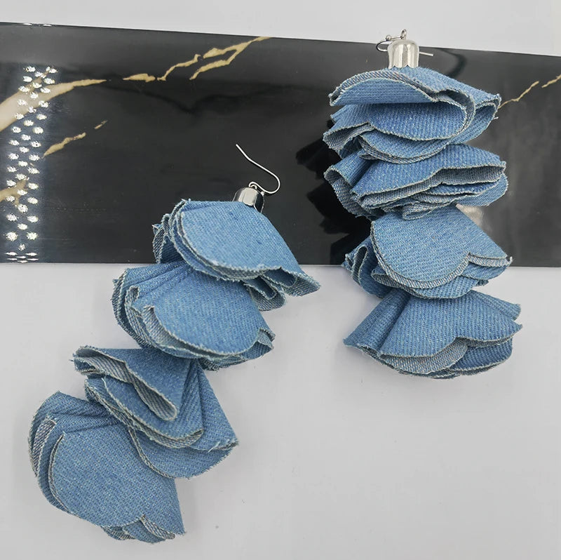 Beautiful Four Layered Denim Handmade Flower Petal Tassel Dangle Earrings for Women Fashion  Jewelry