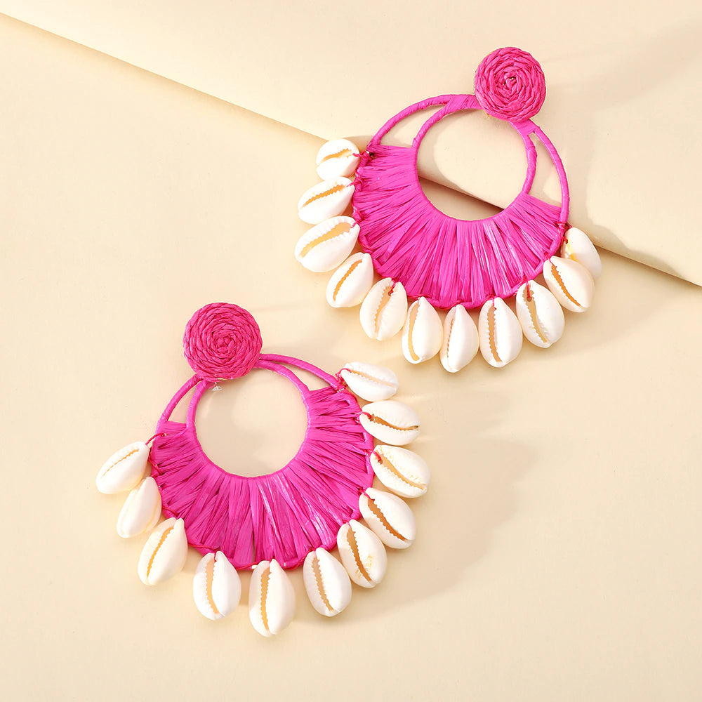 African Cowrie Shell Fashion  Beach Crochet Earrings Large Circle Tassel Dangle Jewelry