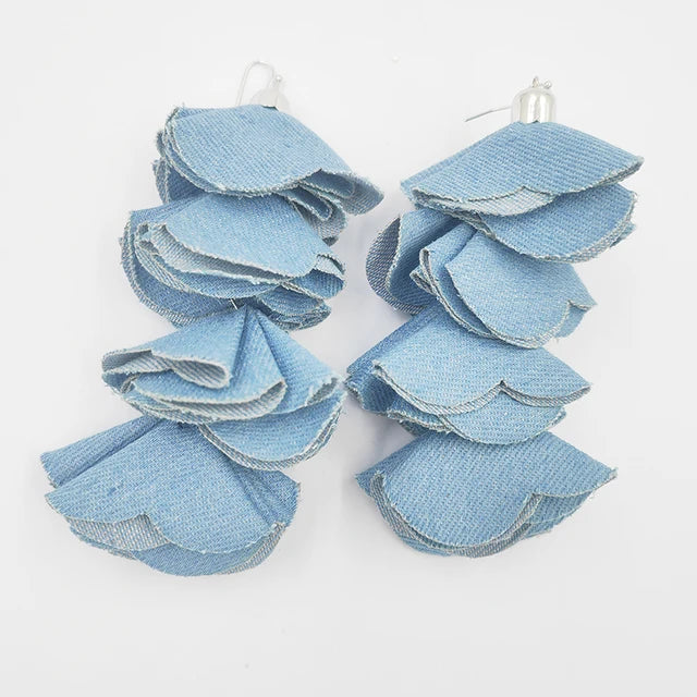 Beautiful Four Layered Denim Handmade Flower Petal Tassel Dangle Earrings for Women Fashion  Jewelry