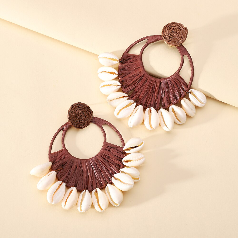 African Cowrie Shell Fashion  Beach Crochet Earrings Large Circle Tassel Dangle Jewelry