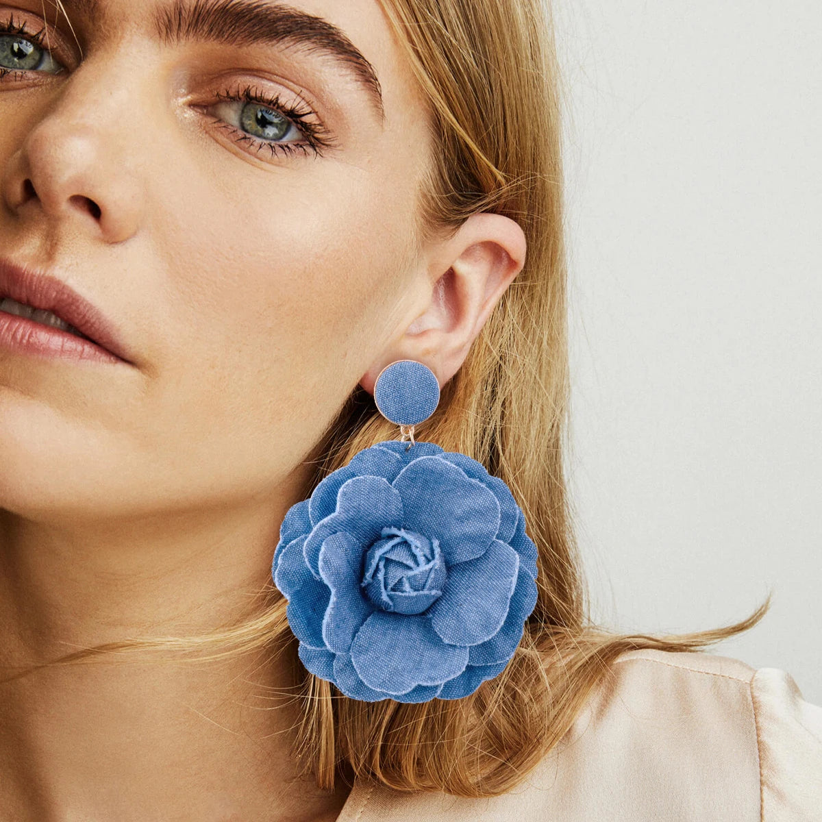 Denim Rose Flower Women Drop Bold Elegant  Exaggerate Statement Earrings