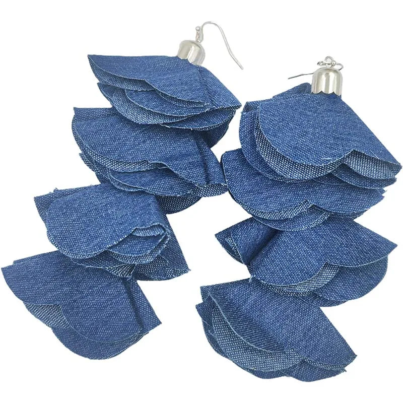 Beautiful Four Layered Denim Handmade Flower Petal Tassel Dangle Earrings for Women Fashion  Jewelry