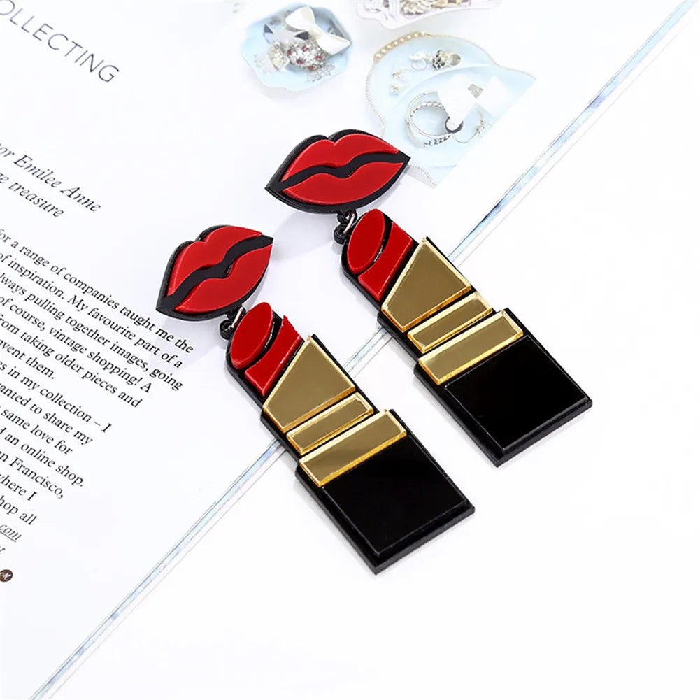 Fashion Acrylic Red Mouth Lips Kiss Lipstick Drop Earrings Jewelry
