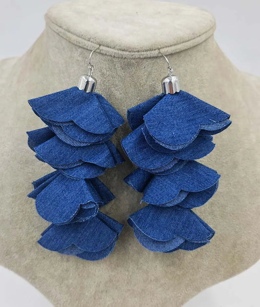 Beautiful Four Layered Denim Handmade Flower Petal Tassel Dangle Earrings for Women Fashion  Jewelry