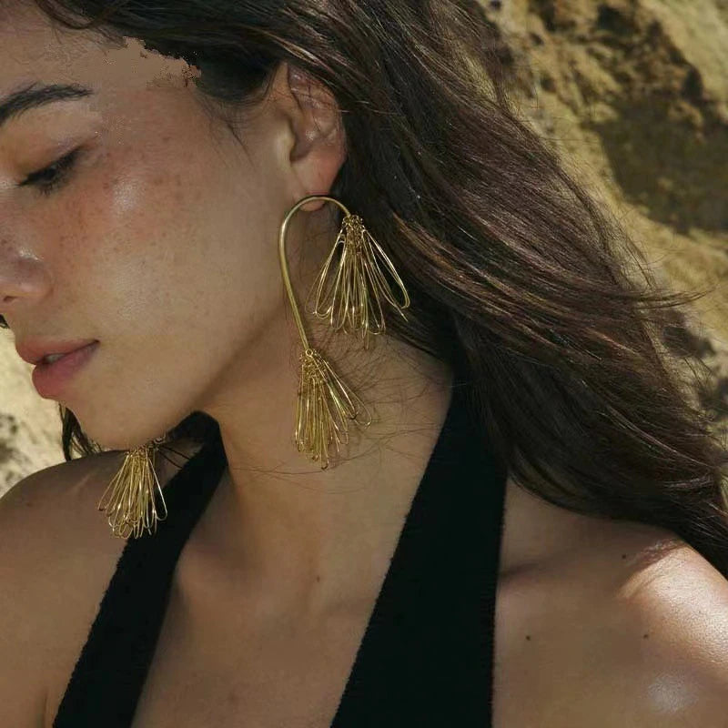 Free Style Pine Needles Tassel Earrings for Women Metal Double Fringe Earrings Jewelry