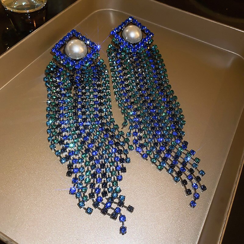 New Long Tassel Crystal Drop Earrings for Women Oversize Geometric Blue Rhinestone Pearl Earrings Statement Jewelry