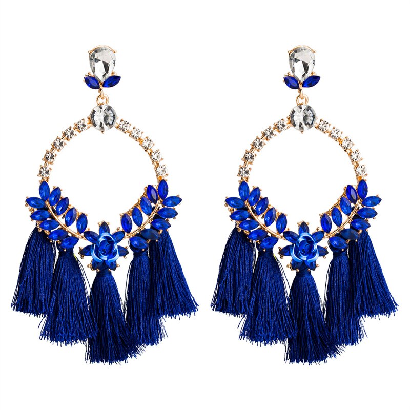 Lovely Exaggerate Floral Rhinestone Tassels Fashion Diva Female Earrings Bohemian Style Jewelry